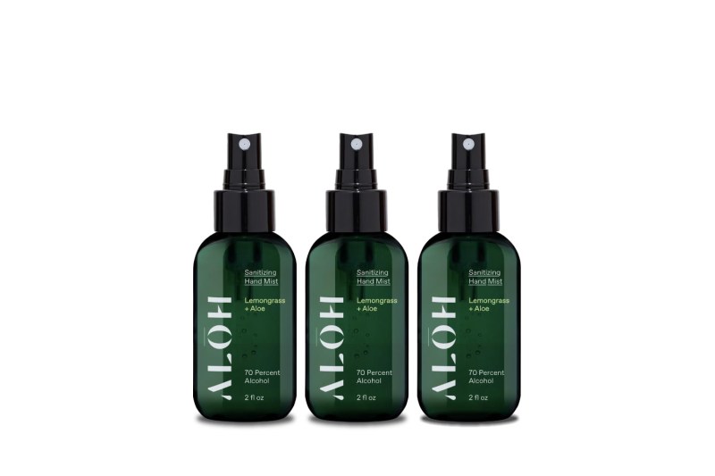 ALŌH Sanitizing Hand Mist (3-pack) isolated on plain white studio background.